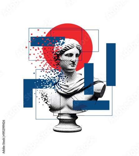 monochrome classical sculpture bust transitioning into pixel-like squares, bold red circular halo behind head and deep blue rectangular blocks