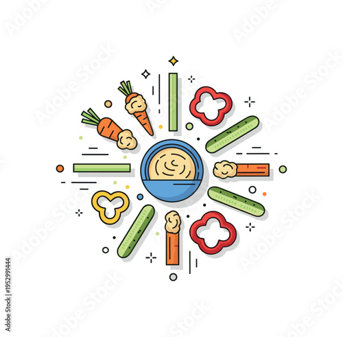 Veggie sticks with hummus arranged around a smooth bowl of creamy dip, featuring carrot, cucumber, and bell pepper slices radiating outward in a balanced