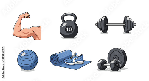 A collection of fitness icons including weights, a kettlebell, and workout gear in a modern, flat design