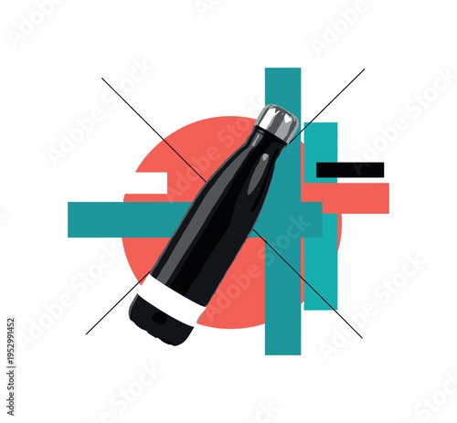 black and white stainless steel reusable water bottle placed diagonally, framed by bright coral circular form and teal geometric bars, thin intersecting lines