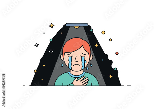 Crying figure under a small spotlight in an otherwise dark environment expressing exposure and inner struggle. Subtle tear highlights and gentle shadow