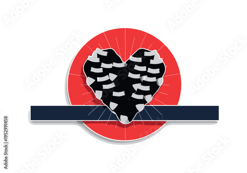 Black and white child-sized socks arranged in heart-like shape, vivid red circle centered behind, deep navy horizontal bar crossing lower area, thin geometric