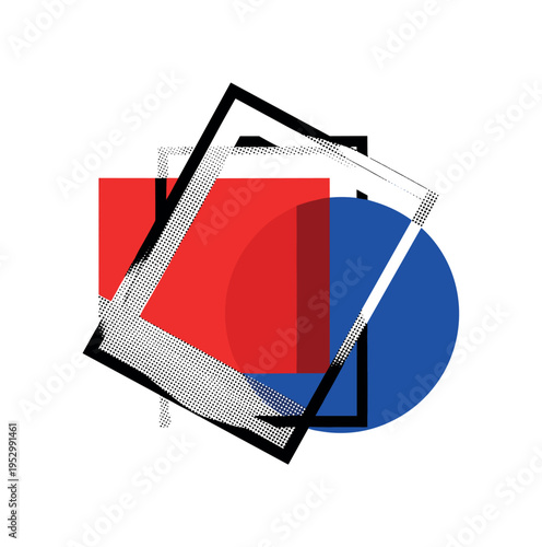 square vintage frame in black and white, positioned asymmetrically with large red geometric block and blue semicircle intersecting, abstract flat shapes and