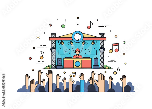 Dance festival vibrant open air stage with a central DJ booth, raised hands in the crowd and floating music notes, capturing the collective energy and rhythm