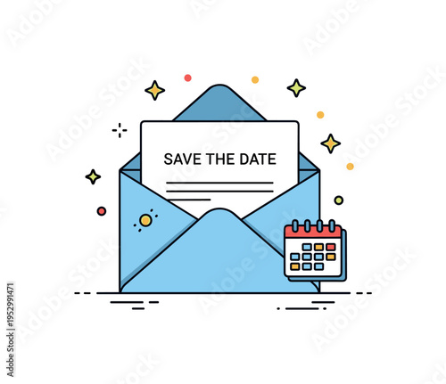 Save the date reminder simple envelope with a card labeled Save the Date and a tiny calendar icon beside, expressing formal invitation and upcoming