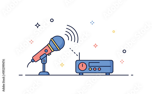 Wireless microphone technology sleek handheld microphone emitting small signal wave icons toward a receiver unit, expressing mobility and clarity on stage.