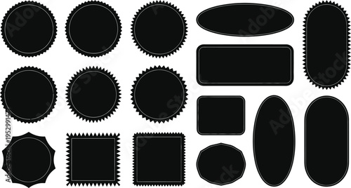 Black Label and Badge Silhouette Vector Set with Geometric Frame and Scalloped Border for Retail Tag