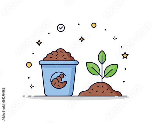 Natural fertilizer and compost concept showing a small compost bin next to a growing plant. The scene reflects circular farming systems and soil enrichment