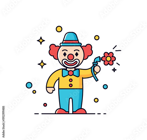 Clown with flower lapel illustration showing a small character holding a squirting flower symbolizing slapstick humor and stage tricks. Subtle sparkle accents