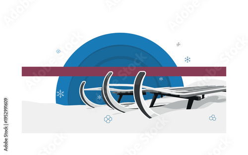 Black and white close-up of sleigh runners gliding over snow, bright cobalt blue half circle framing upper composition, muted burgundy horizontal bar