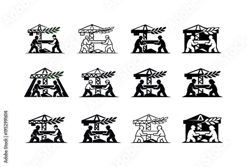 soldiers and civilians working together to rebuild after a war. Icon set. Set Logo of soldiers and civilians working together to rebuild after a war: crane