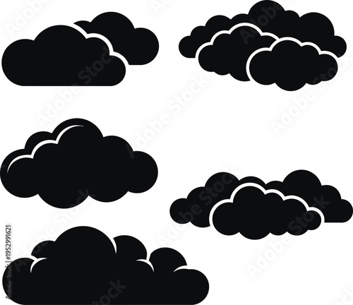 A versatile collection of flat design cloud icons and silhouettes, perfect for illustrating weather conditions, digital data storage concepts, or any graphical representation requiring atmospheric ele