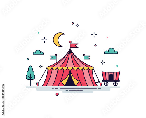Traveling circus night arrival featuring a tent with small flag details and a tiny wagon silhouette nearby, conveying movement and classic show traditions. The