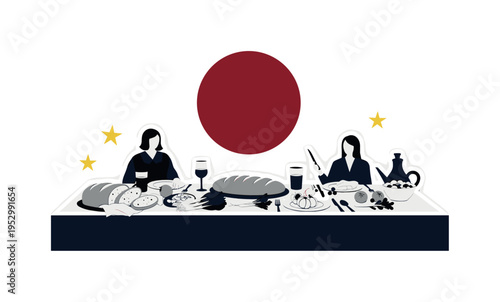 Black and white farmhouse-style dinner with bread and vegetables on the table, oversized deep red circle hovering above the center like symbolic heart of the