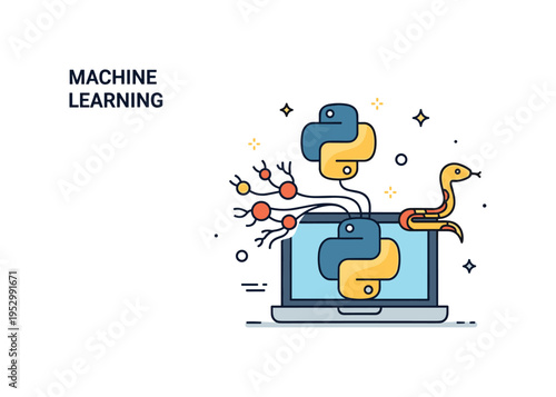 Python machine learning idea showing a simple neural node diagram emerging from a laptop with a small snake icon nearby, representing intelligent systems and