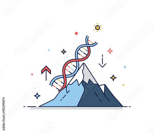 High altitude adaptation visualized as a stylized mountain peak with a DNA strand rising along its slope, expressing oxygen efficiency and evolutionary