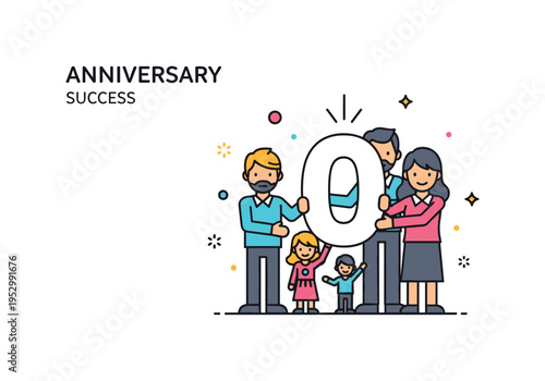 Anniversary success together family members holding a large number icon with subtle spark details, expressing longevity, resilience and collective pride.
