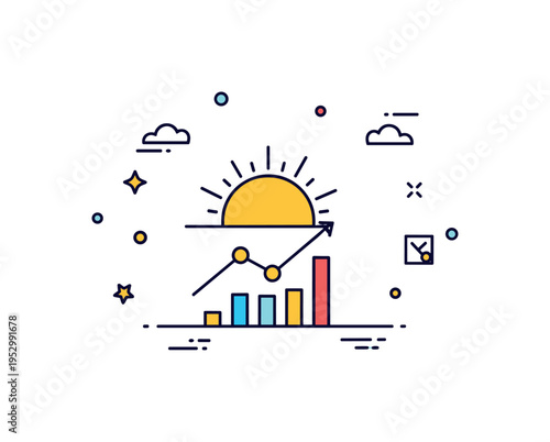 Bright horizon business opportunity metaphor centered on a rising sun behind a subtle bar chart line, expressing growth, expansion and positive market outlook.