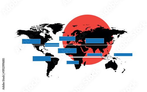 Black and white fragmented world map with continents separated into geometric blocks, red semicircle rising behind one hemisphere, abstract blue rectangular