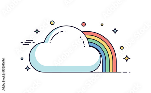 Pastel inspired rainbow cloud showing a rounded cloud with a short rainbow emerging from one side, expressing softness and childlike wonder. The composition