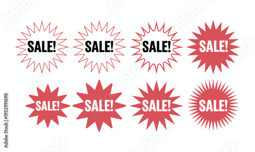 Sale Starburst Vector Set with Red Promotional Sunburst Sticker and Discount Tag for Retail Marketing