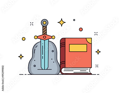 Epic adventure fantasy theme featuring a sword embedded in a simple stone shape beside a closed book. The scene reflects hero journeys, legendary quests, and