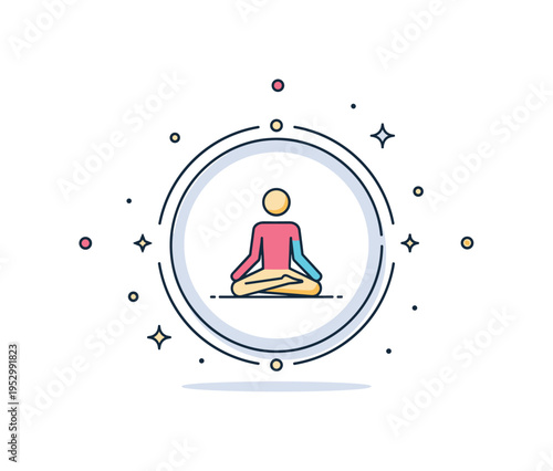 Sacred meditation circle featuring a simplified seated figure inside a soft circular frame, symbolizing mindfulness, inner peace, and spiritual grounding.
