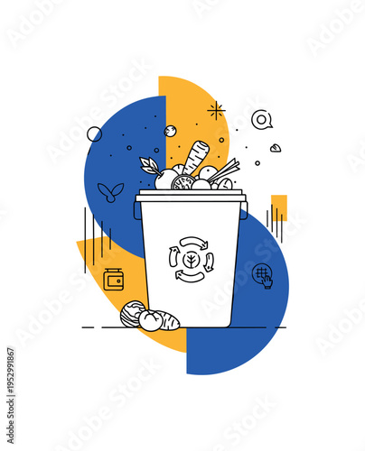 monochrome compost bin with organic scraps illustrated simply, layered with cobalt blue semicircle and mustard yellow geometric accents, fine linear details
