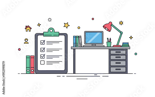 Home office organization checklist visualized by a small clipboard with checked tasks beside a clean workstation, representing planning and accomplishment. The