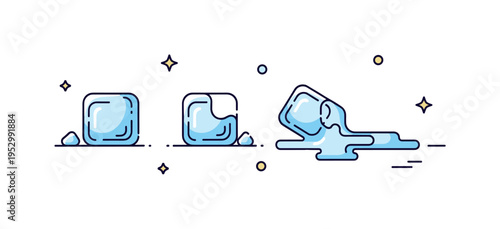 Ice cube time lapse concept with three small cubes arranged in sequence from solid to partially melted to puddle. The scene visually narrates the stages of