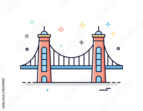 Minimal architectural skybridge icon featuring two symmetrical towers and a centered walkway forming a balanced badge of structural design. Clean spacing and