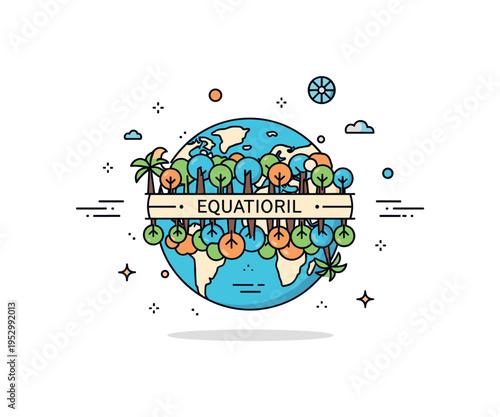 Tropical rainforest along the equator showing a small globe segment with dense tree icons clustered around the central band, expressing biodiversity and