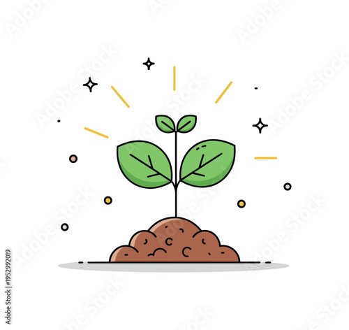 Plant growth young green sprout emerging from a small soil mound, expressing renewal, development, and natural vitality. Subtle sunlight rays and tiny leaf