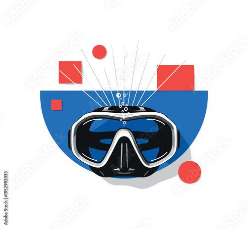 front-facing monochrome scuba mask floating underwater, surrounded by bold blue semicircle and red flat shapes, thin radiating lines implying bubbles and