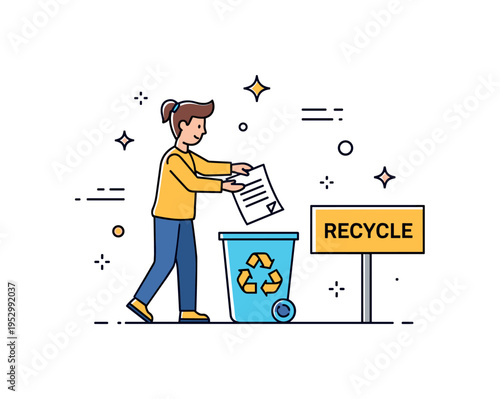 Student dropping paper into a recycling bin with a bold recycle sign, expressing active participation and responsible habits at school. Minimal motion lines