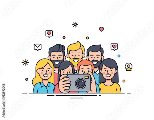 Social media moment featuring a compact group of smiling friends posing for a smartphone camera with subtle heart icons around, representing online sharing and