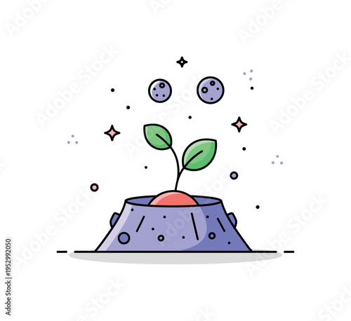 Life on distant planets imagined as a small alien plant sprouting from a textured crater with two tiny moons hovering above, expressing curiosity about