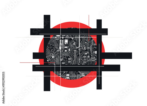 black and white computer motherboard pattern enlarged as abstract composition, framed by bold red circular backdrop and deep black geometric bars, thin