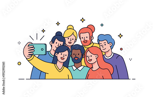 Friends taking selfies cheerful group leaning close together while one person holds a smartphone forward, capturing a joyful shared moment. Small sparkle