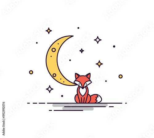 Fox and moon night concept showing a small fox silhouette sitting beneath a crescent moon with subtle star accents, expressing mystery, intuition and nocturnal
