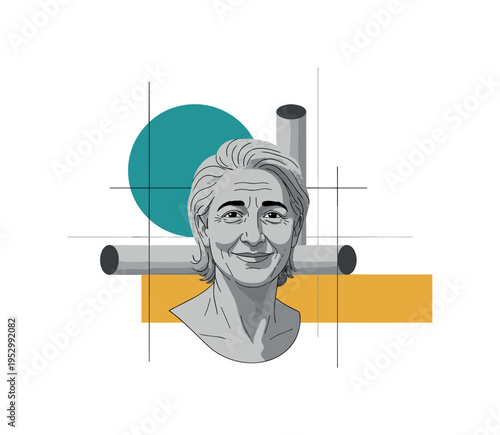 minimalist monochrome bust of a grey-haired person with a compassionate smile, contrasted by bold teal circle and mustard yellow rectangular shapes, thin