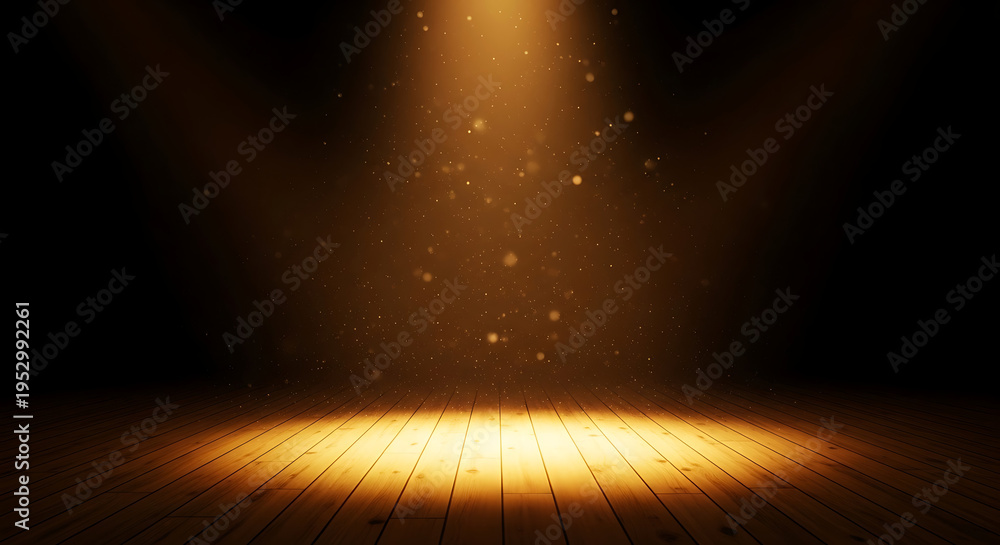 Obraz premium Golden spotlight illuminating wooden stage with floating particles, atmospheric lighting