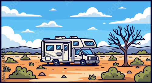 A colorful illustration of a camper van parked in a desert landscape with mountains and sparse vegetation
