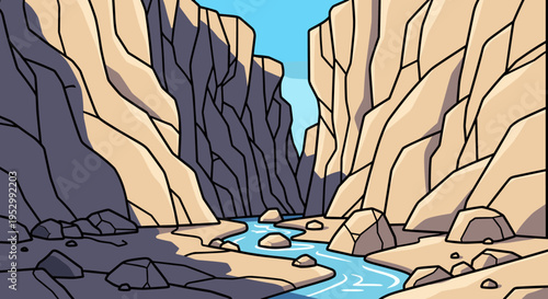A scenic canyon landscape featuring steep rock formations and a flowing river, illustrated in a modern flat style