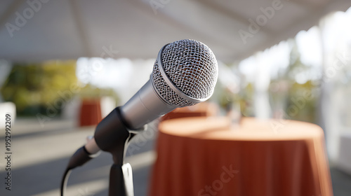 Wallpaper Mural Close up of a professional microphone with a blurred outdoor event setting, featuring tents and tables, ready for speech or performance Torontodigital.ca