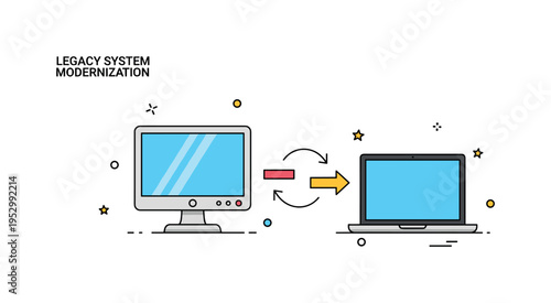 Legacy system modernization depicted as an old desktop monitor transforming into a sleek laptop with a dynamic arrow suggesting upgrade and renewal. The