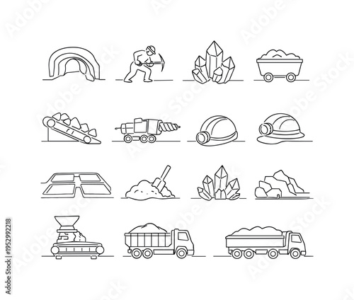 Salt Mining and Extraction Process. Minimalistic set one-line drawing underground salt mine tunnel, miner with pickaxe, salt rock crystal, mining cart with