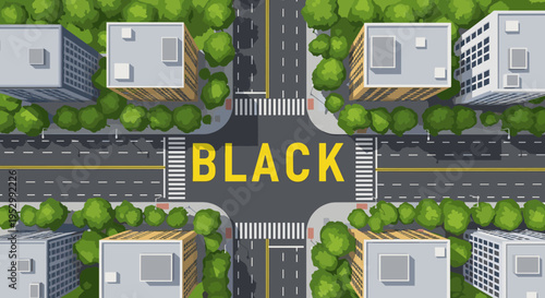 Aerial view of a city intersection featuring the word 'BLACK' in bold letters, illustrated in a modern flat style