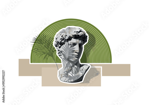 A monochrome classical sculpture bust partially overlaid with tropical plant shadows, bold olive green semicircle framing the head, thin concentric lines