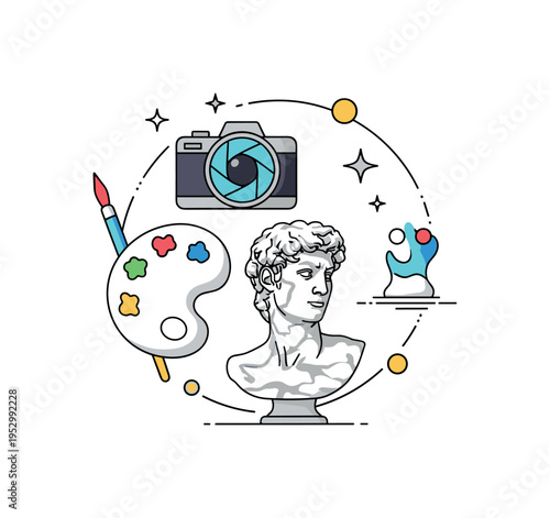 Multidisciplinary art success scene featuring a camera lens icon, paint palette, and abstract marble bust arranged within a soft circular frame, symbolizing